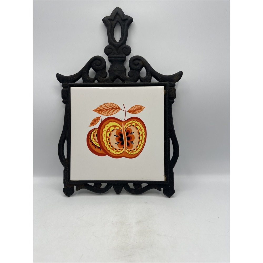 Cast Iron Apple Ceramic Tile Trivet, Made In Japan. Vintage 1970's